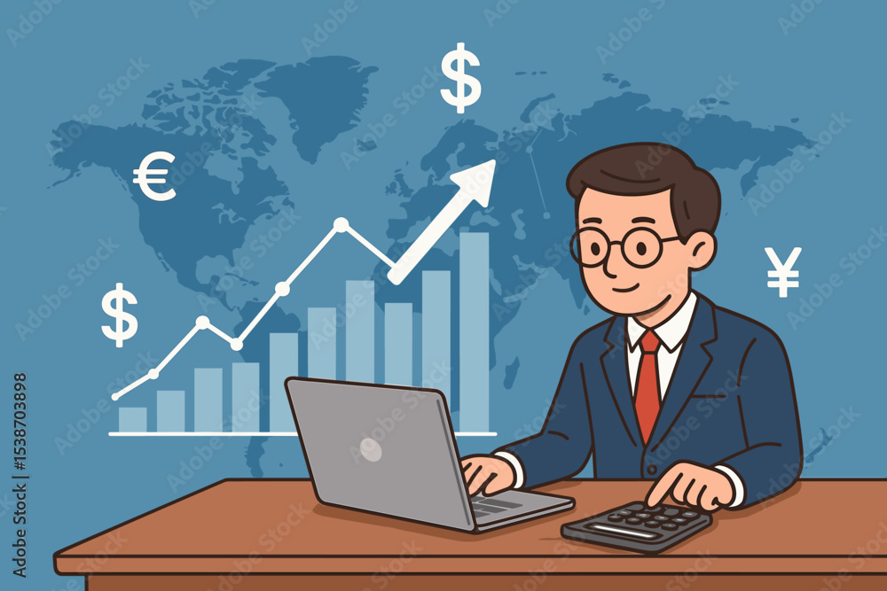 Businessman analyzing global financial data on laptop. Concept of international business, stock market growth, and investment success with world map, chart, and currency symbols. Businessman analyzing global financial data on laptop. Concept of international business, stock market growth, and investment success with world map, chart, and currency symbols.
