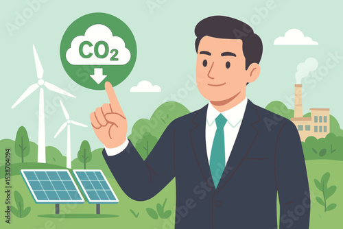 Businessman shows CO2 emissions reduction concept. Green energy transition, corporate sustainability, and ESG. Decarbonization with solar panels and wind turbines versus factory.