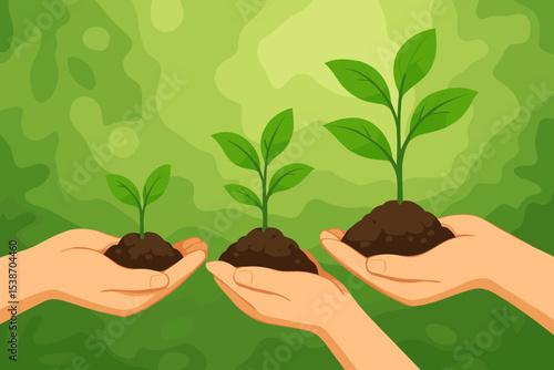 Hands nurturing plant growth stages from seedling to sapling. Concept of development, care, investment, and progress. Business startup evolution. Ecology and sustainability.
