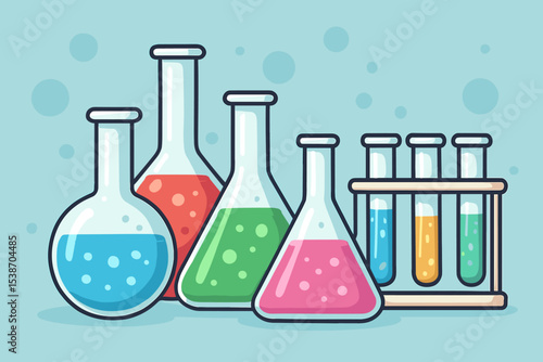 Chemistry lab research concept. A set of scientific glassware with colorful liquids. Vector illustration of flasks and test tubes for a science experiment, education, or discovery.