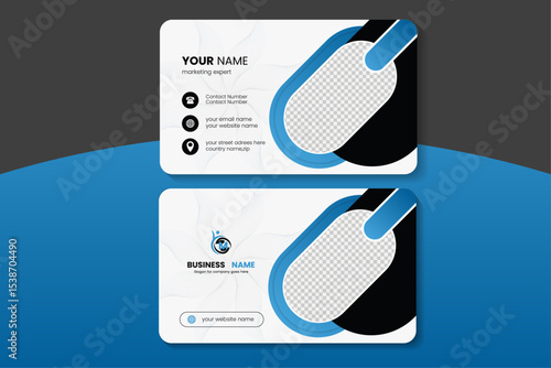 Modern business card template, professional corporate identity layout, blue and black stationery