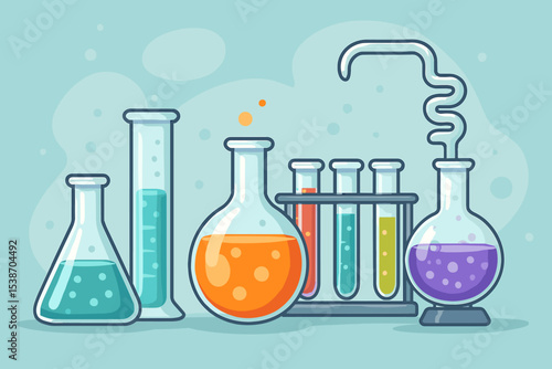 Science laboratory glassware vector illustration. Chemistry lab equipment with test tubes, flasks, and beakers. Bubbling chemical solutions for a science experiment or research.
