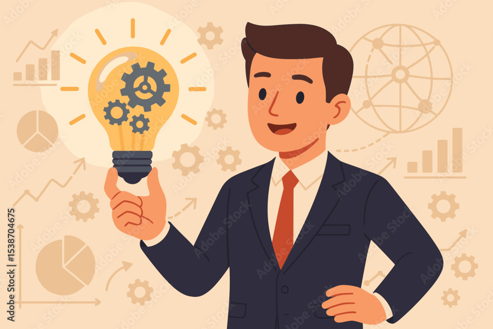 Businessman holding lightbulb with gears, a metaphor for an innovative business solution. Creative idea concept for startup success, strategy, marketing, and global growth. Businessman holding lightbulb with gears, a metaphor for an innovative business solution. Creative idea concept for startup success, strategy, marketing, and global growth.