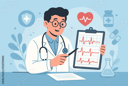 Cardiologist doctor character analyzing heart beat on an ECG cardiogram. Medical healthcare consultation and diagnosis concept. Physician explaining heart health results and treatment.