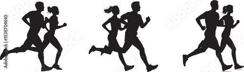 Running Couple Silhouette Set. Jogging Man and Woman Vector Icons.