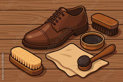 Shoeshine kit vector illustration with classic leather shoe, polish, wax, brushes, and cloth. Concept of footwear care, cleaning, and maintenance for a gentleman's grooming.