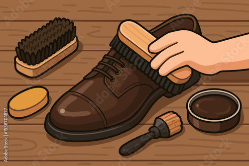 Shoe care and cleaning service concept. Hand polishing a classic brown leather shoe with a brush. Shoeshine kit with wax, dauber, and sponge on a wooden table background.