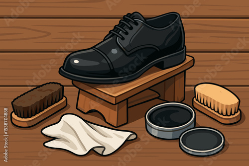 Shoe care and polishing kit vector illustration. Black leather Oxford dress shoe on a wooden stand with shoeshine tools like brush, polish, wax, and cloth for footwear maintenance.