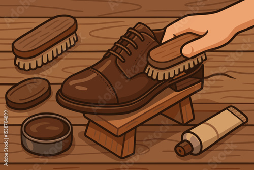 Hand polishing a classic brown leather shoe with a brush. Shoeshine kit with wax, cream, and tools on a wooden stand. Shoe care, maintenance, and restoration concept. Vector.