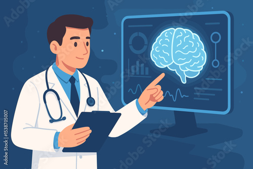 Doctor neurologist analyzing brain scan on computer monitor. Medical technology concept for healthcare, diagnosis, and neuroscience research. Scientist studying brain activity data.