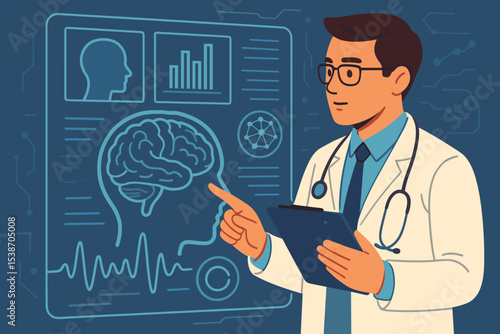 Doctor neurologist analyzing brain scan data on a futuristic digital screen. Concept of neurology, neuroscience, medical technology, AI in healthcare, diagnosis, and research.