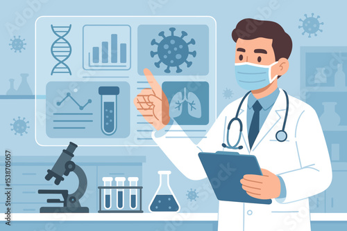 Doctor scientist analyzing virus data on a futuristic screen. Medical research concept with DNA, lung icon, and charts. Healthcare innovation, virology, and pandemic study in a lab.