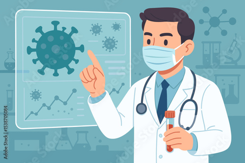 Medical research on coronavirus pandemic. Doctor or scientist in mask holding blood test tube and pointing at virus on screen with data graph. Virology and vaccine concept.