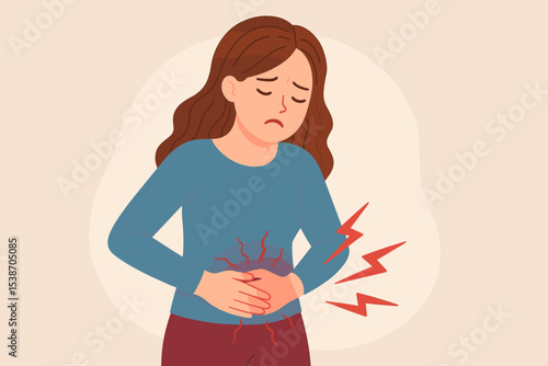 Woman suffering from stomach ache, holding abdomen in pain. Vector illustration of a girl with period cramps, menstrual pain, PMS symptom. Concept of indigestion, gastritis, disease.
