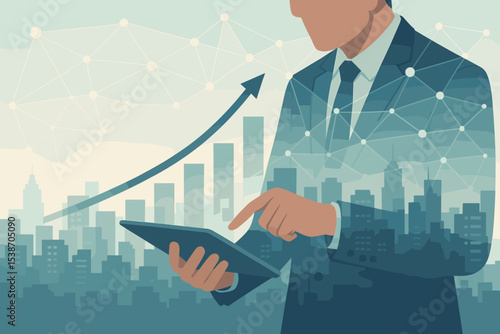 Business growth and success concept. Businessman using a tablet for financial data analysis. Double exposure with city skyline, upward graph, and network. Corporate investment strategy.