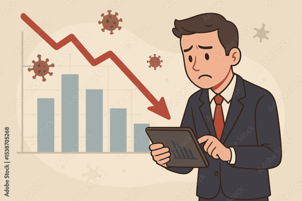 Stock market crash during virus pandemic. Stressed businessman analyzing financial data showing economic crisis and recession. Concept of business failure, financial downturn, loss. Stock market crash during virus pandemic. Stressed businessman analyzing financial data showing economic crisis and recession. Concept of business failure, financial downturn, loss.