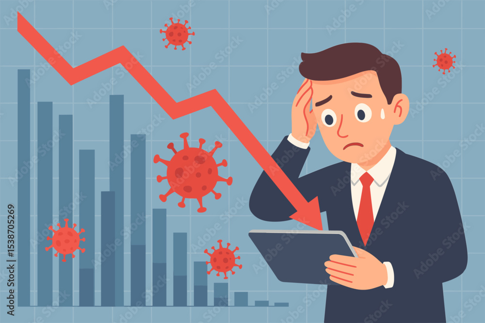 Stressed businessman facing economic crisis due to virus pandemic. Financial chart shows stock market crash, recession, and business loss. Concept of global downturn and failure. Stressed businessman facing economic crisis due to virus pandemic. Financial chart shows stock market crash, recession, and business loss. Concept of global downturn and failure.
