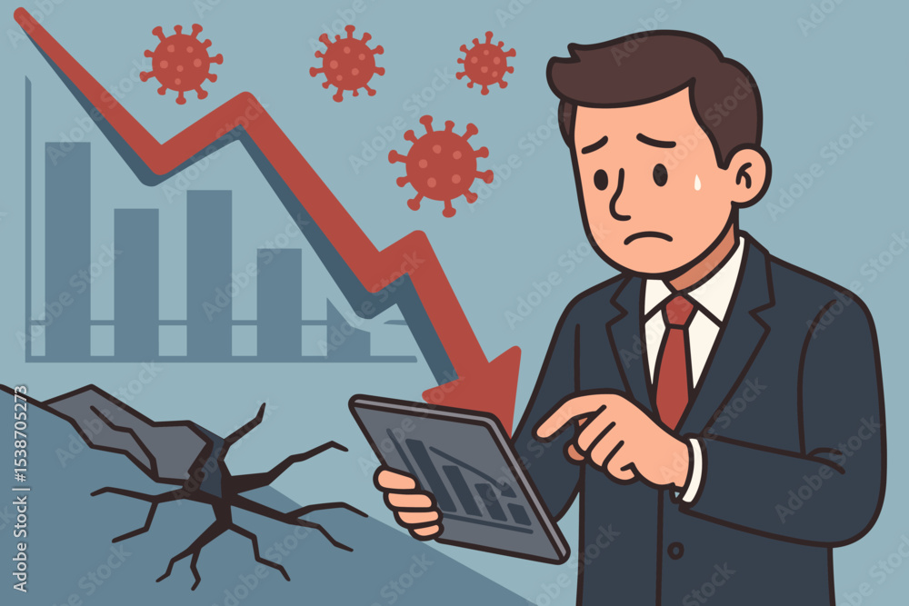 Economic crisis and recession concept. Worried businessman analyzing stock market crash on a tablet. Financial downturn due to virus pandemic, red arrow graph showing decline. Economic crisis and recession concept. Worried businessman analyzing stock market crash on a tablet. Financial downturn due to virus pandemic, red arrow graph showing decline.