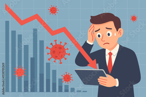 Stressed businessman facing economic crisis due to virus pandemic. Financial chart shows stock market crash, recession, and business loss. Concept of global downturn and failure.