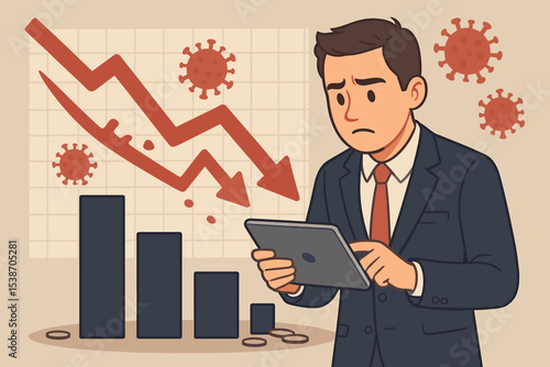 Worried businessman analyzing economic downturn due to pandemic. Concept of financial crisis, recession, and stock market crash caused by coronavirus. Vector illustration of market failure.