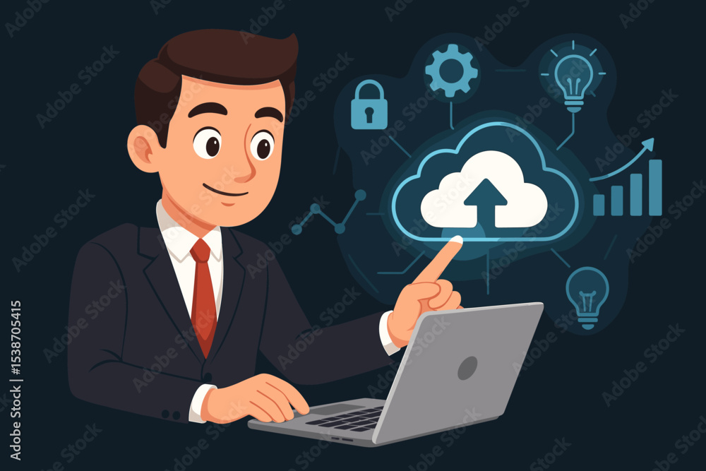 Businessman with laptop managing cloud computing services. Concept for digital business innovation, data storage, network security, analytics, and corporate growth strategy. Vector. Businessman with laptop managing cloud computing services. Concept for digital business innovation, data storage, network security, analytics, and corporate growth strategy. Vector.