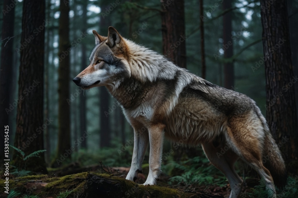 Fototapeta premium Timber Wolf Standing Alert in a Dense Forest Under Dim Light Conditions