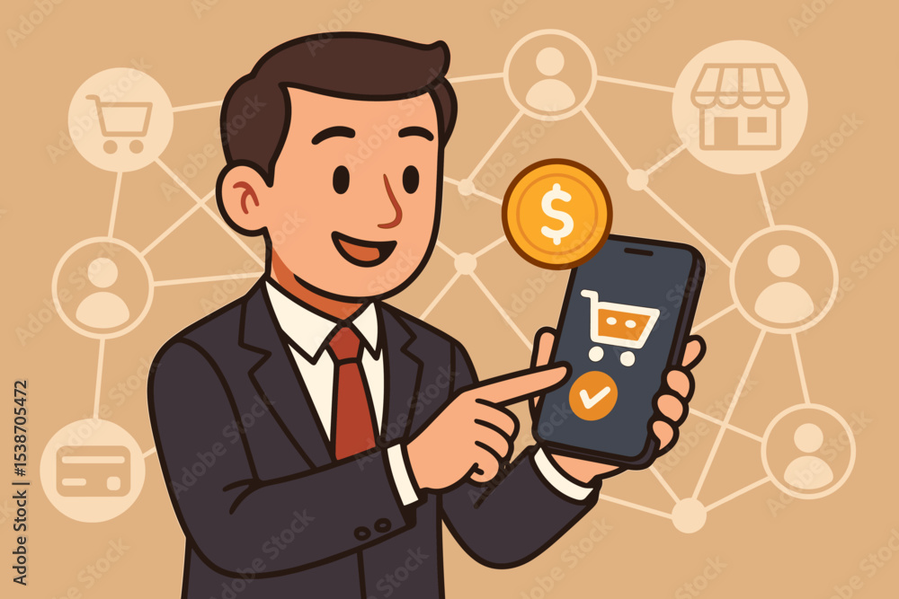 Businessman makes online purchase on smartphone app. E-commerce and digital commerce concept vector. Man with phone making a transaction. Mobile banking, online shopping, and payment network. Businessman makes online purchase on smartphone app. E-commerce and digital commerce concept vector. Man with phone making a transaction. Mobile banking, online shopping, and payment network.