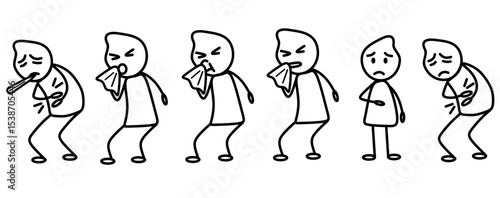 Sick Stick Figure Character Sneezing and Feeling Unwell - Cartoon Sequence. Perfect for educational materials, emotion charts, comics, and mental health content