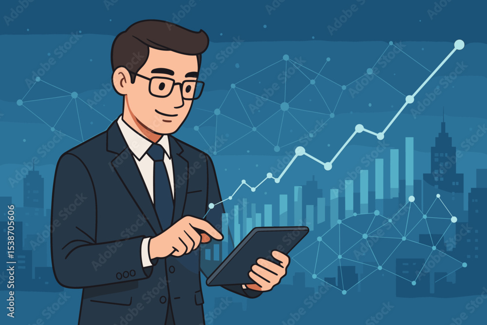Businessman using tablet for digital business analysis. Financial data analytics, investment strategy, and stock market growth concept. Corporate success with charts and graphs. Businessman using tablet for digital business analysis. Financial data analytics, investment strategy, and stock market growth concept. Corporate success with charts and graphs.