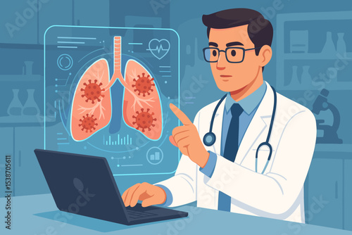Doctor using futuristic technology for lung diagnosis. Pulmonologist analyzing virus on holographic screen with laptop. Medical innovation, healthcare, pulmonology, research concept.