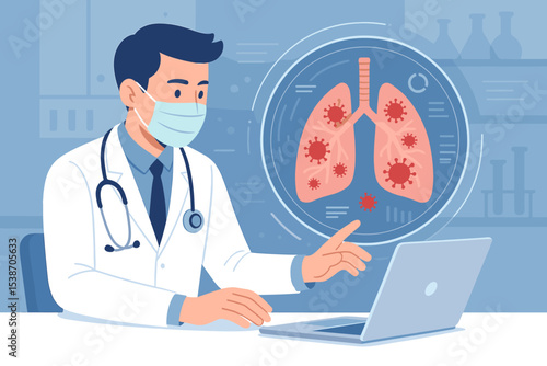 Doctor analyzing virus-infected lungs on screen. Medical technology for virtual diagnosis of respiratory disease like pneumonia. Pulmonology, healthcare innovation, telemedicine concept.
