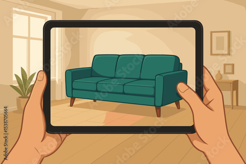 Augmented reality for interior design and furniture shopping. Hands holding tablet using AR app to place virtual sofa in living room. Home decoration, renovation, and e-commerce tech.