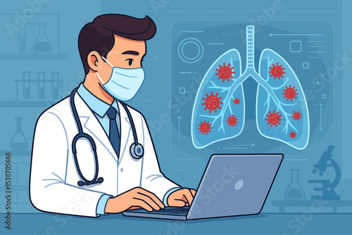 Doctor analyzing lung disease on virtual screen. Medical technology concept for diagnosing pneumonia, virus, or infection. Pulmonology, healthcare, and futuristic medicine research.