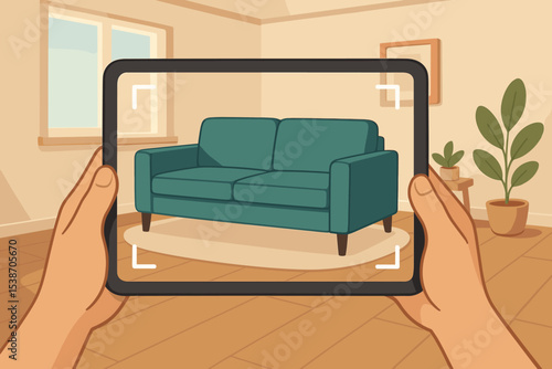 Augmented reality interior design app. Hands holding tablet visualizing a virtual sofa in a living room. Home decor and furniture shopping technology. AR simulation for home improvement plan.