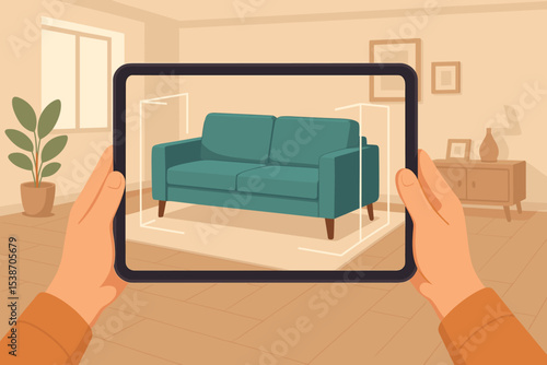 Augmented reality for interior design concept. Person holding tablet with AR app to visualize a virtual sofa in a living room. E-commerce technology for home decor & furniture shopping.