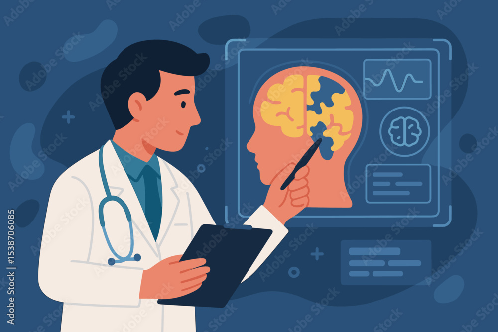 Doctor analyzing brain scan, neurology concept. Neurologist examining MRI for dementia or Alzheimer's disease. Mental health, psychology, memory loss diagnosis. Brain as puzzle. Doctor analyzing brain scan, neurology concept. Neurologist examining MRI for dementia or Alzheimer's disease. Mental health, psychology, memory loss diagnosis. Brain as puzzle.