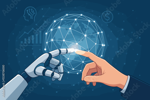 AI concept with robot and human hands connection. Global business technology and finance investment. Future of artificial intelligence, digital transformation, innovation and automation.