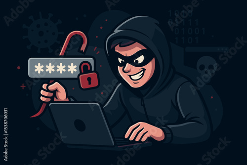 Hacker illustration of a cybersecurity breach. Cybercriminal in hoodie cracking a password with a crowbar on a laptop. Concept for internet crime, data theft, phishing, and fraud.