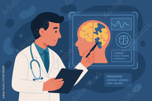 Doctor analyzing brain scan, neurology concept. Neurologist examining MRI for dementia or Alzheimer's disease. Mental health, psychology, memory loss diagnosis. Brain as puzzle.