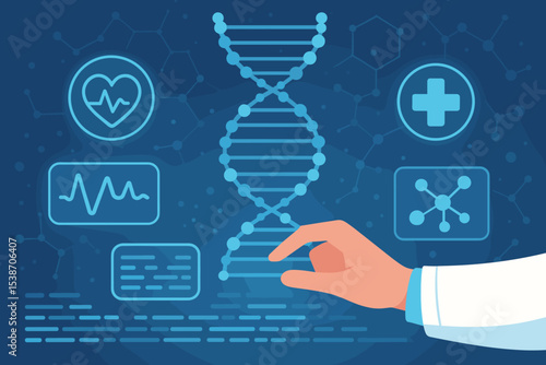 Doctor hand touching DNA hologram on a futuristic medical interface. Concept of genetic engineering, science, biotechnology, and healthcare innovation with digital analysis icons.