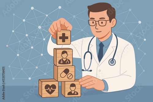Healthcare system concept. Doctor building a tower from wooden blocks with medical icons. Health insurance structure, treatment plan, hospital services organization and management.
