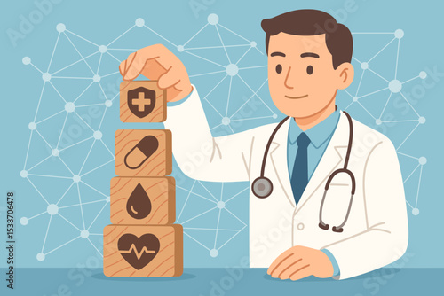 Health insurance concept vector. Doctor character building tower from wooden blocks with medical care icons. Healthcare, hospital, medicine, cardiology and protection symbols.