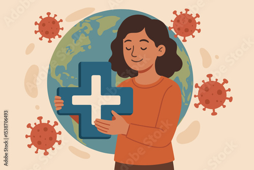Global pandemic awareness concept with woman holding a medical cross to protect Earth from virus. Healthcare, medicine, vaccination, and insurance illustration for global health.