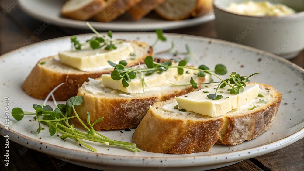 Farm-to-table organic food concept Freshly sliced bread with butter and herbs presented on a rustic plate. Farm-to-table organic food concept Freshly sliced bread with butter and herbs presented on a rustic plate.