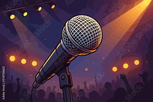 Microphone on stage under spotlights for a live music concert. Vector illustration background with a crowd silhouette. Concept for performance, entertainment, show, festival, karaoke.