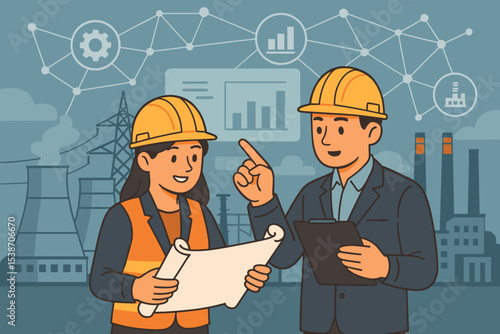 Industrial engineers teamwork concept. Man and woman in hard hats discussing a project plan. Supervisor reviewing data analytics chart with worker holding a blueprint at factory.
