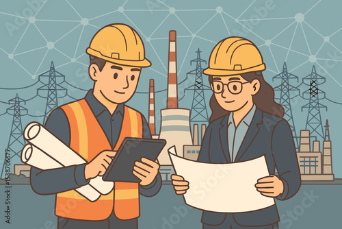 Industrial engineers teamwork concept. Man and woman in hard hats discussing project with blueprints and tablet at a power plant. Energy sector, construction and architecture.