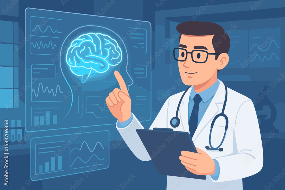 Doctor analyzing brain activity on a futuristic holographic screen. Neurologist using virtual interface for medical diagnosis. Concept of neuroscience, healthcare innovation, research. Doctor analyzing brain activity on a futuristic holographic screen. Neurologist using virtual interface for medical diagnosis. Concept of neuroscience, healthcare innovation, research.