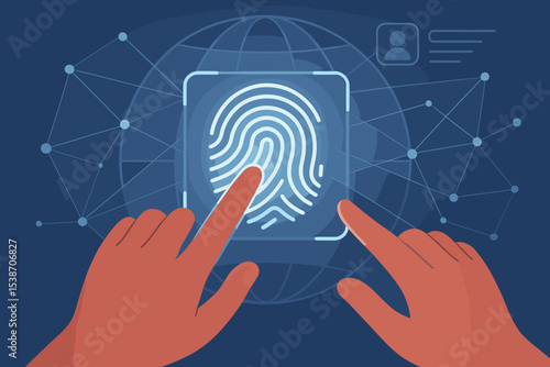 Biometric security innovation concept. Finger touching digital screen to scan fingerprint for identity authentication. Cybersecurity, global network, and data protection technology.