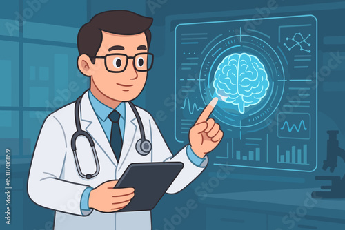 Male doctor or neurologist analyzing a digital brain scan on a futuristic holographic interface. Medical technology concept for neuroscience, AI diagnostics, and healthcare research.